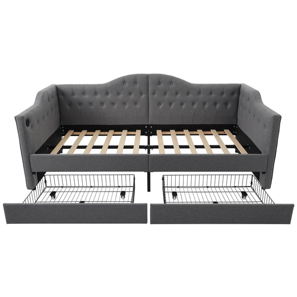 Sovesofa med opbevaring - Daybed 90x200 cm - USB-C opladning - 2 skuffer - L-form - Stof - Sort