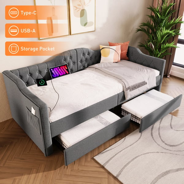 Sovesofa med opbevaring - Daybed 90x200 cm - USB-C opladning - 2 skuffer - L-form - Stof - Sort
