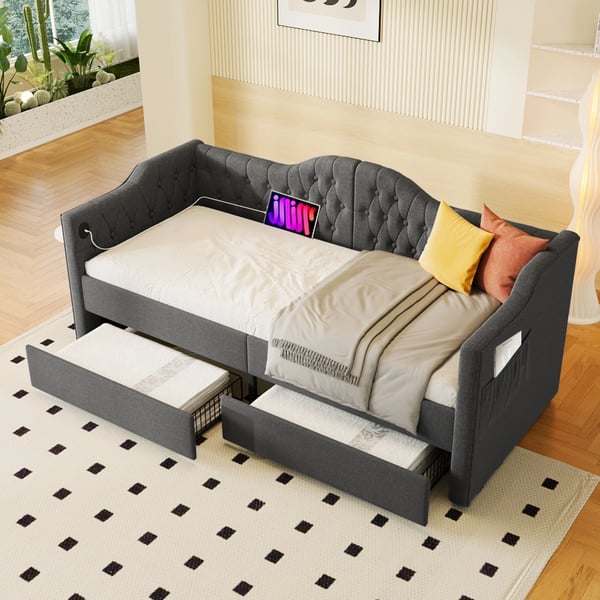 Sovesofa med opbevaring - Daybed 90x200 cm - USB-C opladning - 2 skuffer - L-form - Stof - Sort