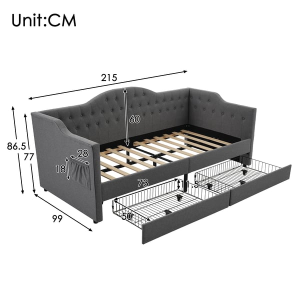 Sovesofa med opbevaring - Daybed 90x200 cm - USB-C opladning - 2 skuffer - L-form - Stof - Sort