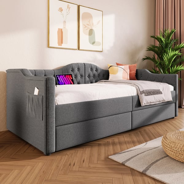 Sovesofa med opbevaring - Daybed 90x200 cm - USB-C opladning - 2 skuffer - L-form - Stof - Sort