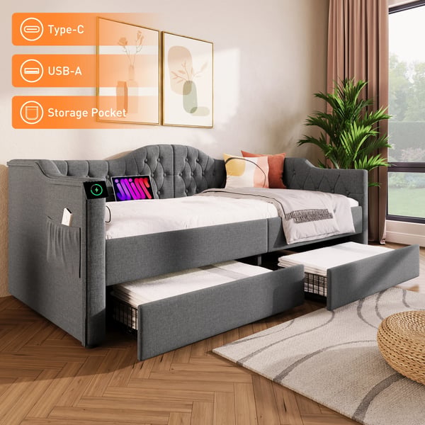 Sovesofa med opbevaring - Daybed 90x200 cm - USB-C opladning - 2 skuffer - L-form - Stof - Sort