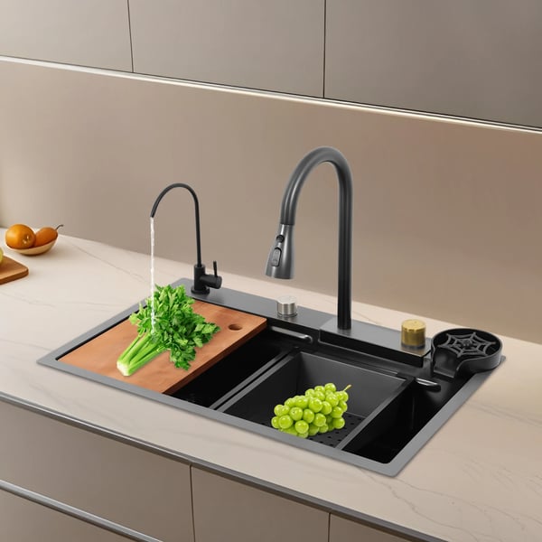 Køkkenvask i rustfrit stål, rektangulær sort, sæt med afløbskurv, 2 armaturer, skærebræt og kopskyller