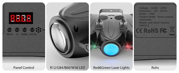 Scenelys 2-pak - Effektlampe - 3 Hoveder - 30 W 192 LED - DMX512 4CH - Auto/Lyd/Master-Slave - 90–240 V - Varm hvid