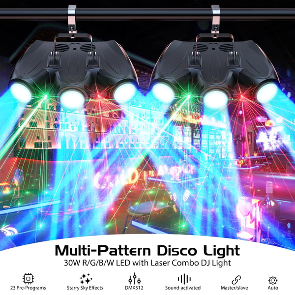 Scenelys 2-pak - Effektlampe - 3 Hoveder - 30 W 192 LED - DMX512 4CH - Auto/Lyd/Master-Slave - 90–240 V - Varm hvid