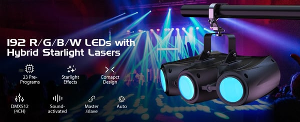 Scenelys 2-pak - Effektlampe - 3 Hoveder - 30 W 192 LED - DMX512 4CH - Auto/Lyd/Master-Slave - 90–240 V - Varm hvid