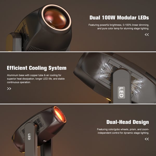 Kaksoispäinen LED Beam - Moving Head lavavalo - 350 W - DMX512/RDM, 33 kanavaa - 2×100 W + 24×0,2 W RGB×2 - Strobo, sateenkaari - EU-pistoke