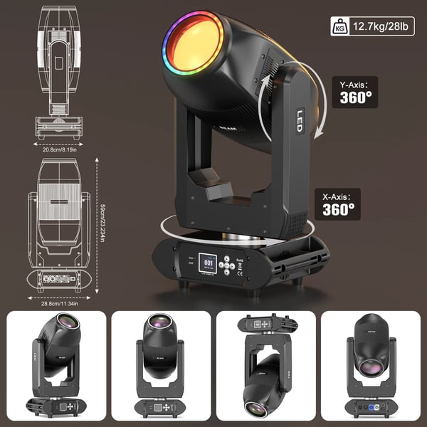 Kaksoispäinen LED Beam - Moving Head lavavalo - 350 W - DMX512/RDM, 33 kanavaa - 2×100 W + 24×0,2 W RGB×2 - Strobo, sateenkaari - EU-pistoke
