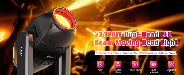 Kaksoispäinen LED Beam - Moving Head lavavalo - 350 W - DMX512/RDM, 33 kanavaa - 2×100 W + 24×0,2 W RGB×2 - Strobo, sateenkaari - EU-pistoke