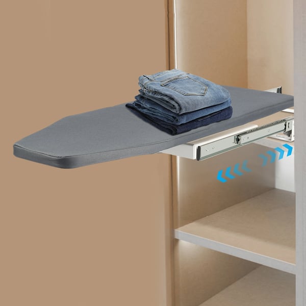 Strygebræt - Skabmonteret, foldbart - Bæreevne 45 kg - Alu-legering & stålrør - Skab 57×45×17 cm - Bræt 80×29,5×12 cm - Lysegrå