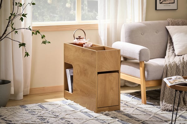 Smalt sidebord/natbord - FBT158-N - Pladsbesparende - Med opbevaring - Til sofa/seng/kontor - Mørk khaki