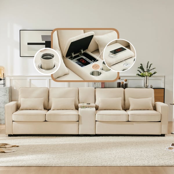 Skandinavisk hjørnesofa - 4-personers - Hampestof - Konsol med 2 kopholdere - 2 USB-porte - 4 puder - Bredde over 240 cm