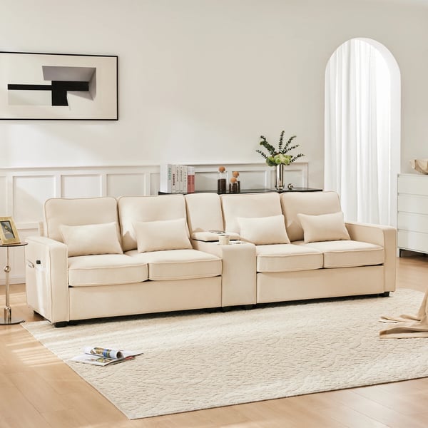 Skandinavisk hjørnesofa - 4-personers - Hampestof - Konsol med 2 kopholdere - 2 USB-porte - 4 puder - Bredde over 240 cm