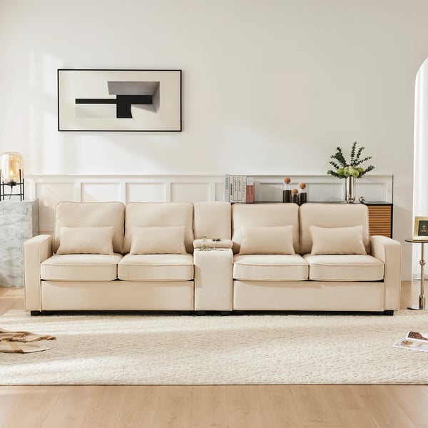 Skandinavisk hjørnesofa - 4-personers - Hampestof - Konsol med 2 kopholdere - 2 USB-porte - 4 puder - Bredde over 240 cm