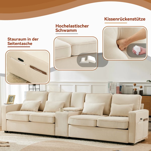 Skandinavisk hjørnesofa - 4-personers - Hampestof - Konsol med 2 kopholdere - 2 USB-porte - 4 puder - Bredde over 240 cm