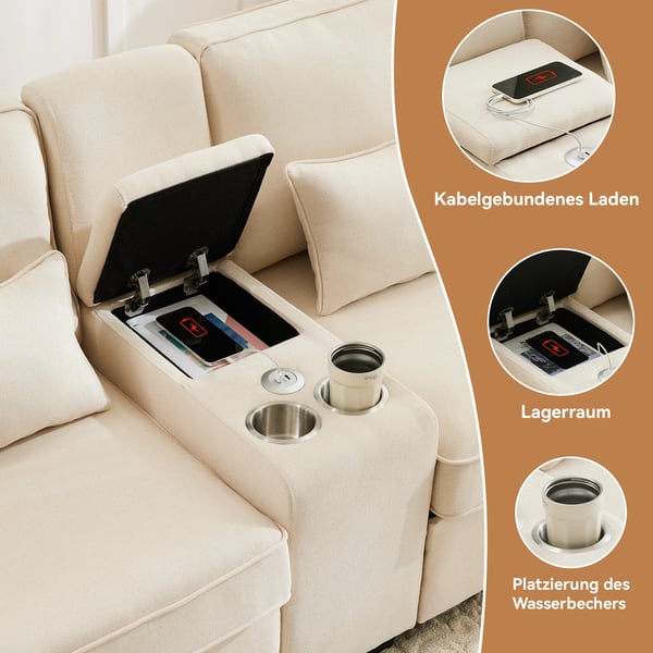 Skandinavisk hjørnesofa - 4-personers - Hampestof - Konsol med 2 kopholdere - 2 USB-porte - 4 puder - Bredde over 240 cm
