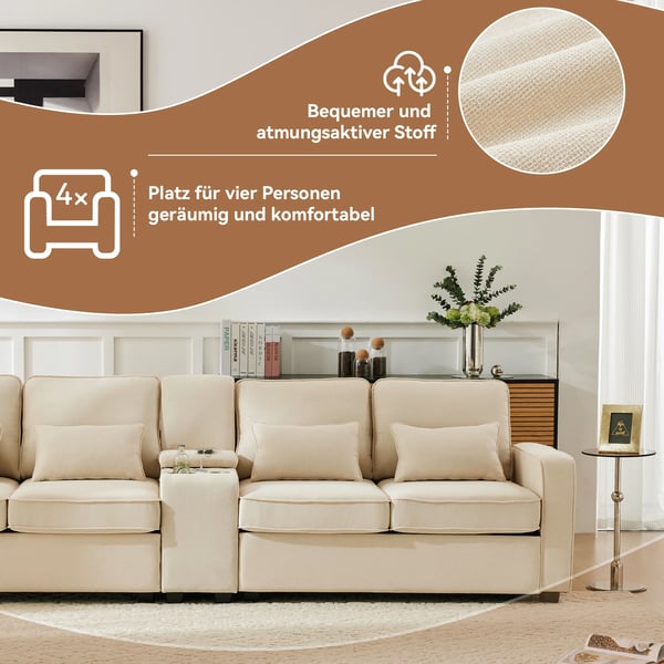 Skandinavisk hjørnesofa - 4-personers - Hampestof - Konsol med 2 kopholdere - 2 USB-porte - 4 puder - Bredde over 240 cm