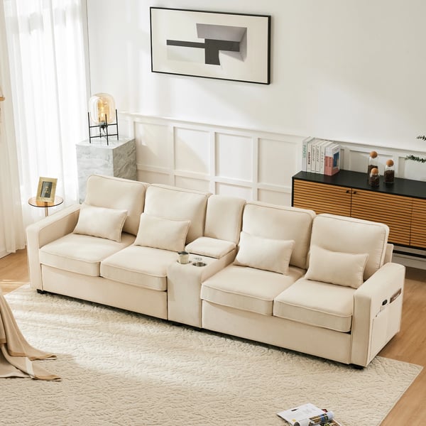 Skandinavisk hjørnesofa - 4-personers - Hampestof - Konsol med 2 kopholdere - 2 USB-porte - 4 puder - Bredde over 240 cm