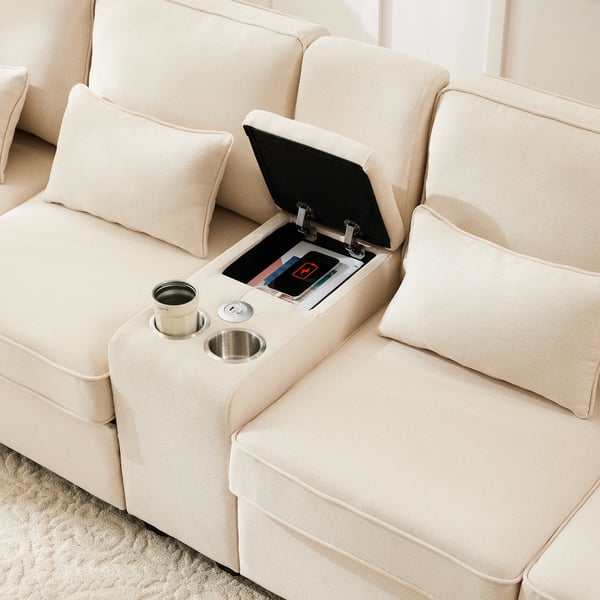 Skandinavisk hjørnesofa - 4-personers - Hampestof - Konsol med 2 kopholdere - 2 USB-porte - 4 puder - Bredde over 240 cm