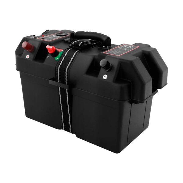 Batteriboks - Bærbar batterikasse - Dobbelt USB - 44×24,5×27 cm - Til bil, båd, camper & nødsituationer - Sort