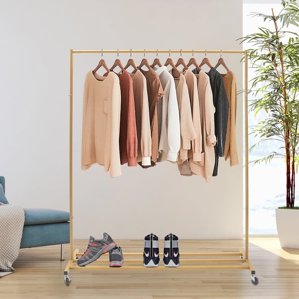 Tøjstativ - Fritstående garderobestativ med hjul - Industrielt vintage-look - Jern - Bæreevne op til 5 kg - Til stue og butik - Guld