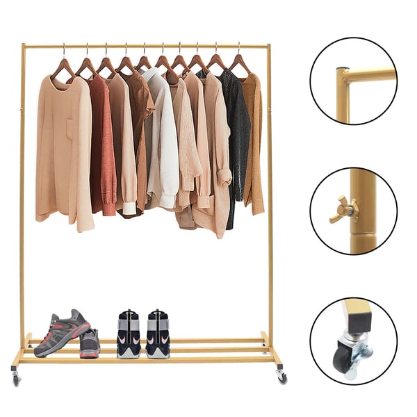 Tøjstativ - Fritstående garderobestativ med hjul - Industrielt vintage-look - Jern - Bæreevne op til 5 kg - Til stue og butik - Guld
