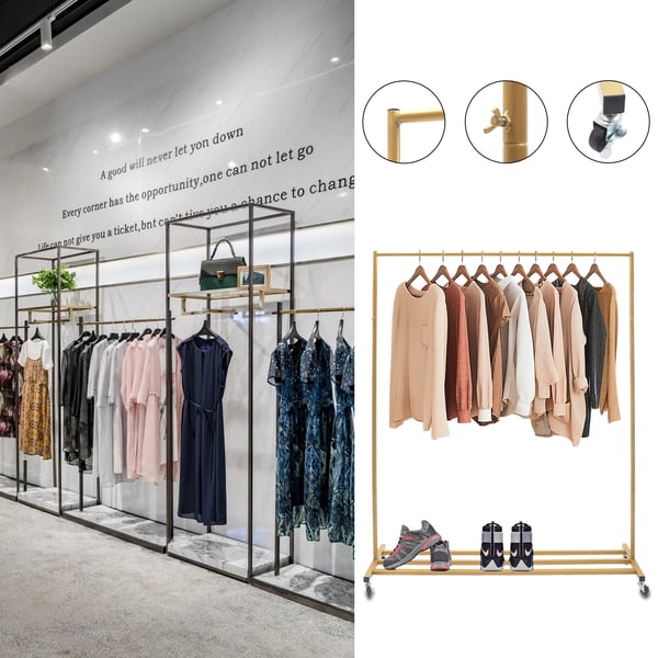 Tøjstativ - Fritstående garderobestativ med hjul - Industrielt vintage-look - Jern - Bæreevne op til 5 kg - Til stue og butik - Guld