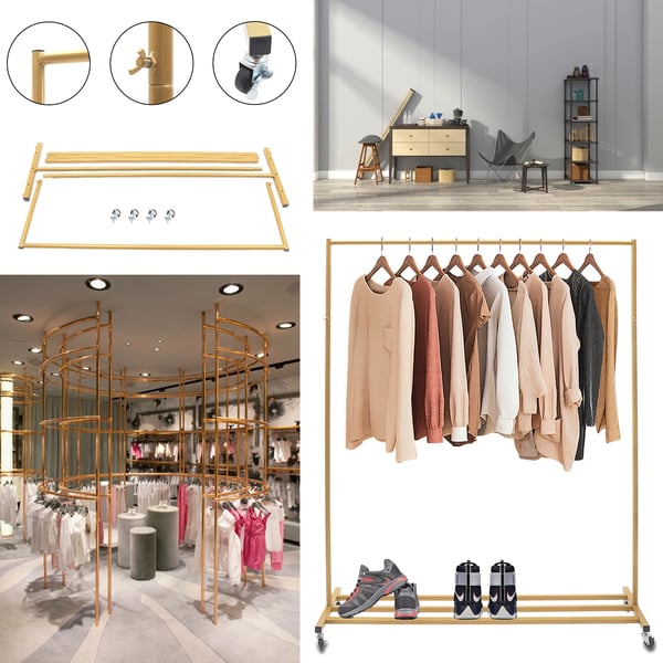 Tøjstativ - Fritstående garderobestativ med hjul - Industrielt vintage-look - Jern - Bæreevne op til 5 kg - Til stue og butik - Guld
