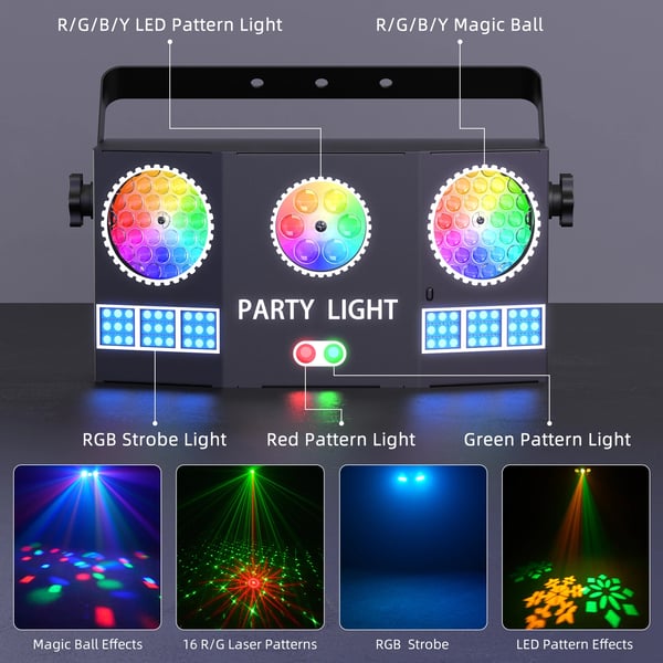 RGBY Magic Ball DJ-valo - DMX lavavalo - 36 W - RGBY LED + punainen/vihreä laser 650/520 nm - 54 RGB strobo - Kuvio & beam - EU-pistoke - Kaukosäädin