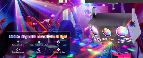 RGBY Magic Ball DJ-valo - DMX lavavalo - 36 W - RGBY LED + punainen/vihreä laser 650/520 nm - 54 RGB strobo - Kuvio & beam - EU-pistoke - Kaukosäädin