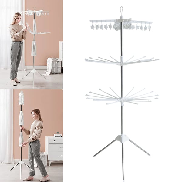 Tørrestativ til tøj - Tripod gulvstativ - Sammenklappeligt - 3 etager - 24 sokkeklemmer - PP & stål - Tophage 20 cm