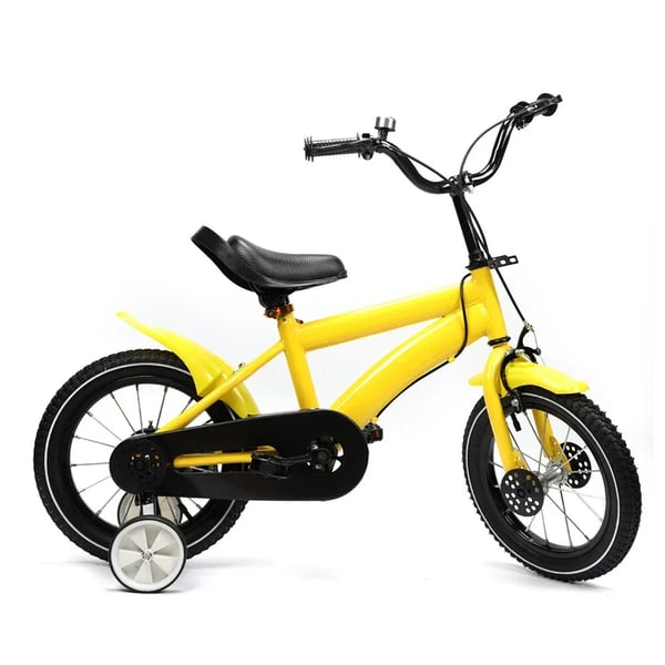Børnecykel - 35 cm, til drenge og piger - Støttehjul - Dobbelte skivebremser - Stålramme & gaffel - Baghjulsaffjedring - Stålfælge - Gul