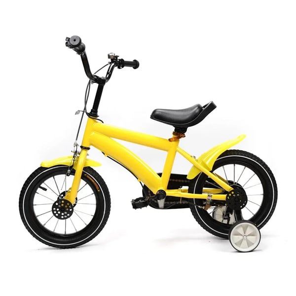 Børnecykel - 35 cm, til drenge og piger - Støttehjul - Dobbelte skivebremser - Stålramme & gaffel - Baghjulsaffjedring - Stålfælge - Gul