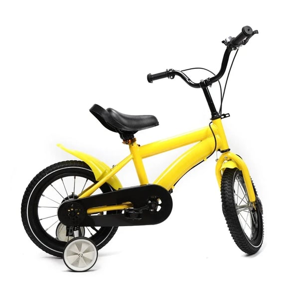 Børnecykel - 35 cm, til drenge og piger - Støttehjul - Dobbelte skivebremser - Stålramme & gaffel - Baghjulsaffjedring - Stålfælge - Gul