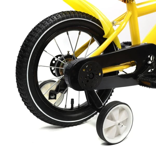 Børnecykel - 35 cm, til drenge og piger - Støttehjul - Dobbelte skivebremser - Stålramme & gaffel - Baghjulsaffjedring - Stålfælge - Gul