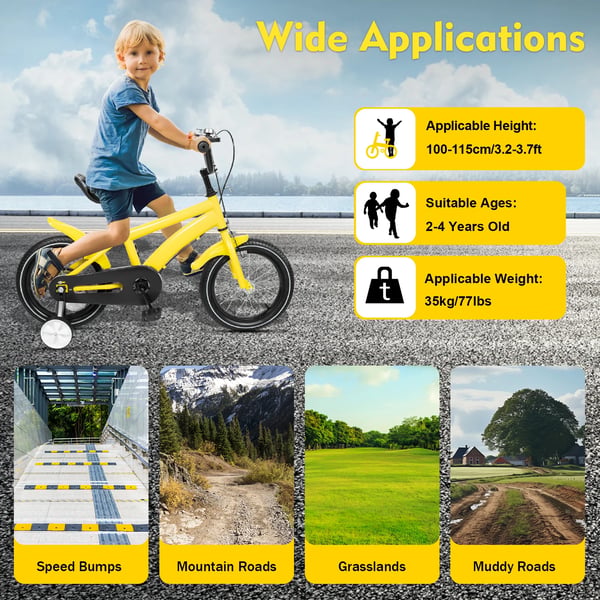 Børnecykel - 35 cm, til drenge og piger - Støttehjul - Dobbelte skivebremser - Stålramme & gaffel - Baghjulsaffjedring - Stålfælge - Gul