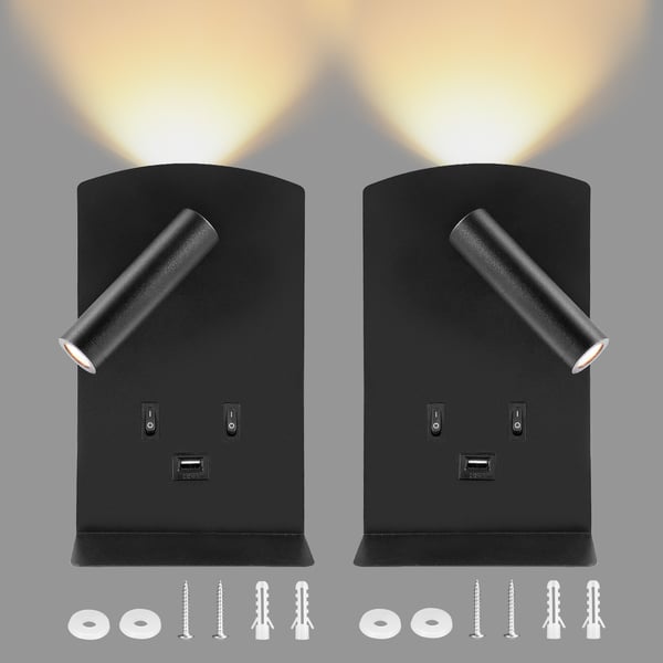 LED væglampe - Sengelæselampe med justerbar spot - Dæmpbar - 3W/9W - 3000K varm hvid - USB‑port & hylde til telefon - Grå