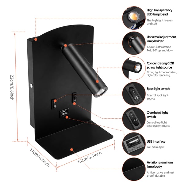 LED væglampe - Sengelæselampe med justerbar spot - Dæmpbar - 3W/9W - 3000K varm hvid - USB‑port & hylde til telefon - Grå