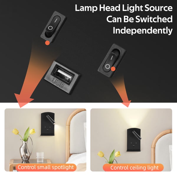 LED væglampe - Sengelæselampe med justerbar spot - Dæmpbar - 3W/9W - 3000K varm hvid - USB‑port & hylde til telefon - Grå