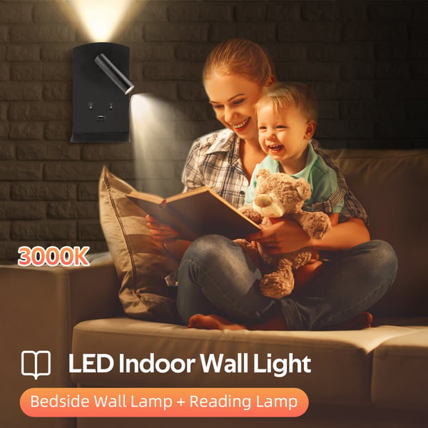 LED væglampe - Sengelæselampe med justerbar spot - Dæmpbar - 3W/9W - 3000K varm hvid - USB‑port & hylde til telefon - Grå