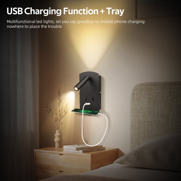 LED væglampe - Sengelæselampe med justerbar spot - Dæmpbar - 3W/9W - 3000K varm hvid - USB‑port & hylde til telefon - Grå