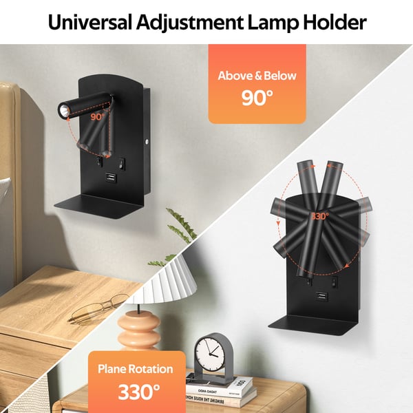 LED væglampe - Sengelæselampe med justerbar spot - Dæmpbar - 3W/9W - 3000K varm hvid - USB‑port & hylde til telefon - Grå