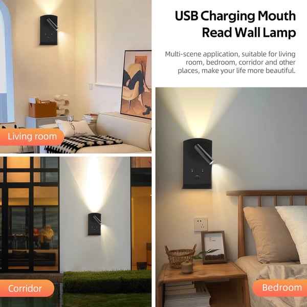 LED væglampe - Sengelæselampe med justerbar spot - Dæmpbar - 3W/9W - 3000K varm hvid - USB‑port & hylde til telefon - Grå
