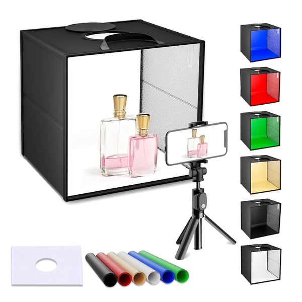 Hopfällbar ljusbox - LED fotostudio ljustält softbox - Storlek 40×40 cm - Bärbar - Bakgrundskit - Vit