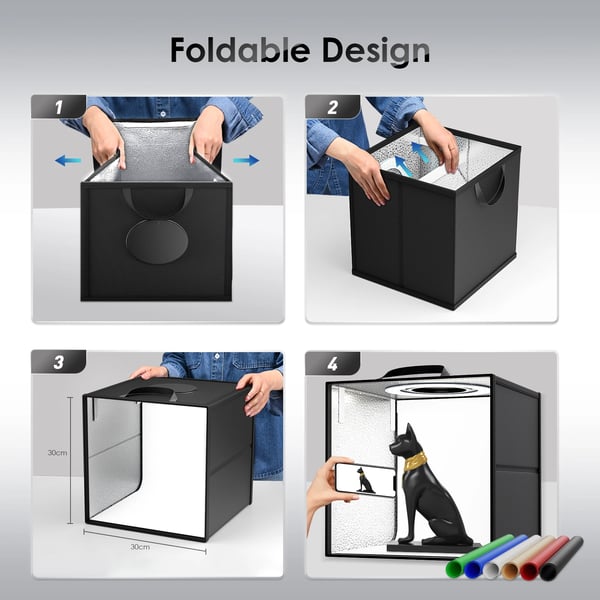 Sammenklappelig lysboks - LED fotostudie lysetelt softbox - Størrelse 40×40 cm - Bærbar - Baggrundssæt - Hvid