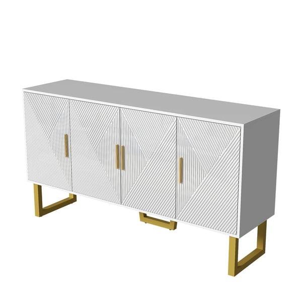 Skænk - Sideboard - 150 cm - Højglans - Strukturerede låger - Guldgreb - 4 døre - Højdejusterbar - Elfenbenshvid