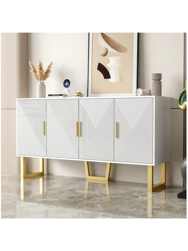 Skænk - Sideboard - 150 cm - Højglans - Strukturerede låger - Guldgreb - 4 døre - Højdejusterbar - Elfenbenshvid