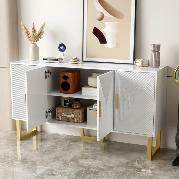 Skænk - Sideboard - 150 cm - Højglans - Strukturerede låger - Guldgreb - 4 døre - Højdejusterbar - Elfenbenshvid
