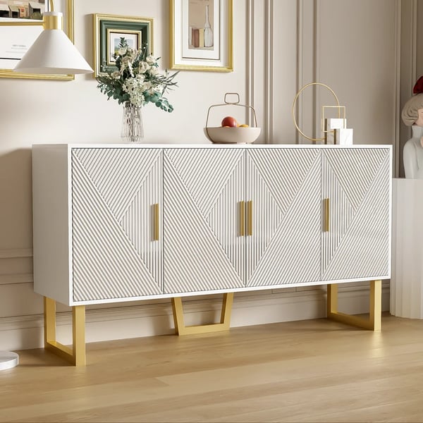 Skænk - Sideboard - 150 cm - Højglans - Strukturerede låger - Guldgreb - 4 døre - Højdejusterbar - Elfenbenshvid