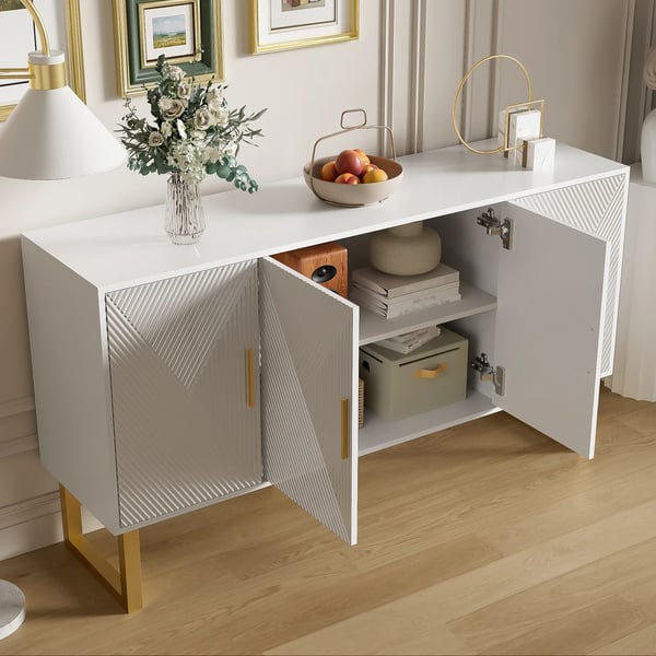 Skænk - Sideboard - 150 cm - Højglans - Strukturerede låger - Guldgreb - 4 døre - Højdejusterbar - Elfenbenshvid